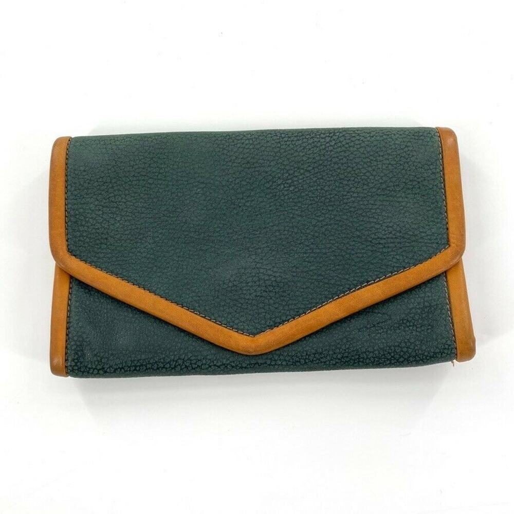 Penelope‎ Trifold Wallet Green Textured Leather Brown Trim